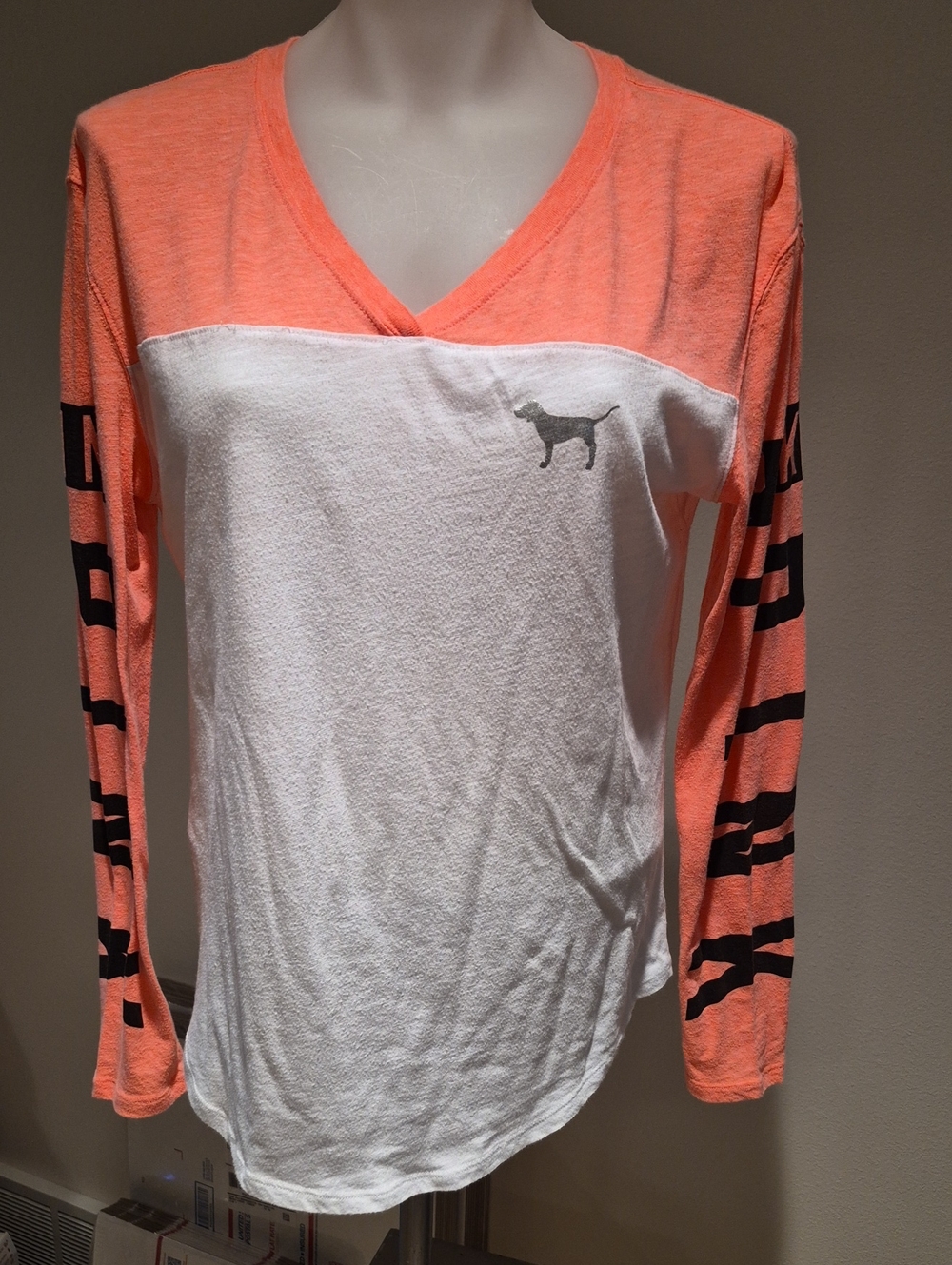 PINK Victoria's Secret Coral  White V-Neck Long Sleeve Tee Dog Logo, Size Small